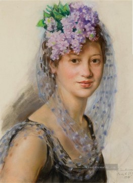 Frau Werke - Porträt von Berthe Popoff in einem floralen Fascinator 1941 schöne Frau Dame